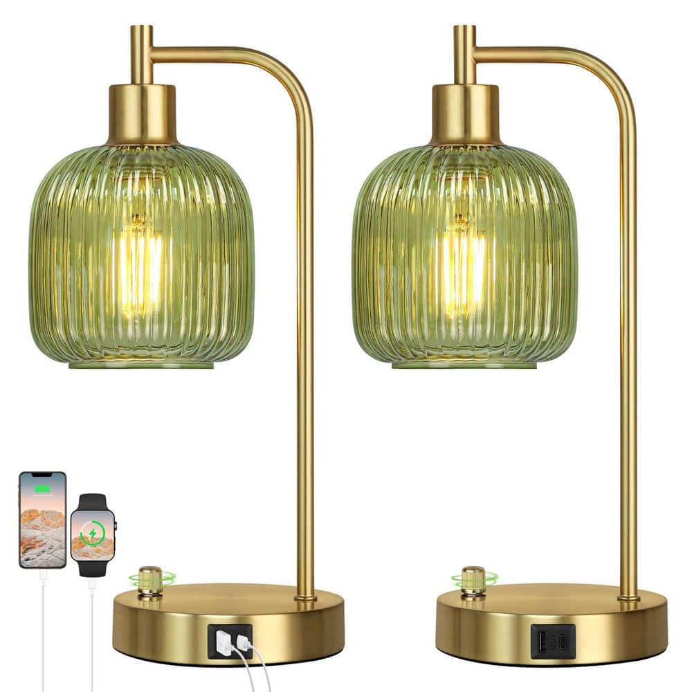 ROTTOGOON 16 in. Green Glass Table Lamps Set of 2, Industrial