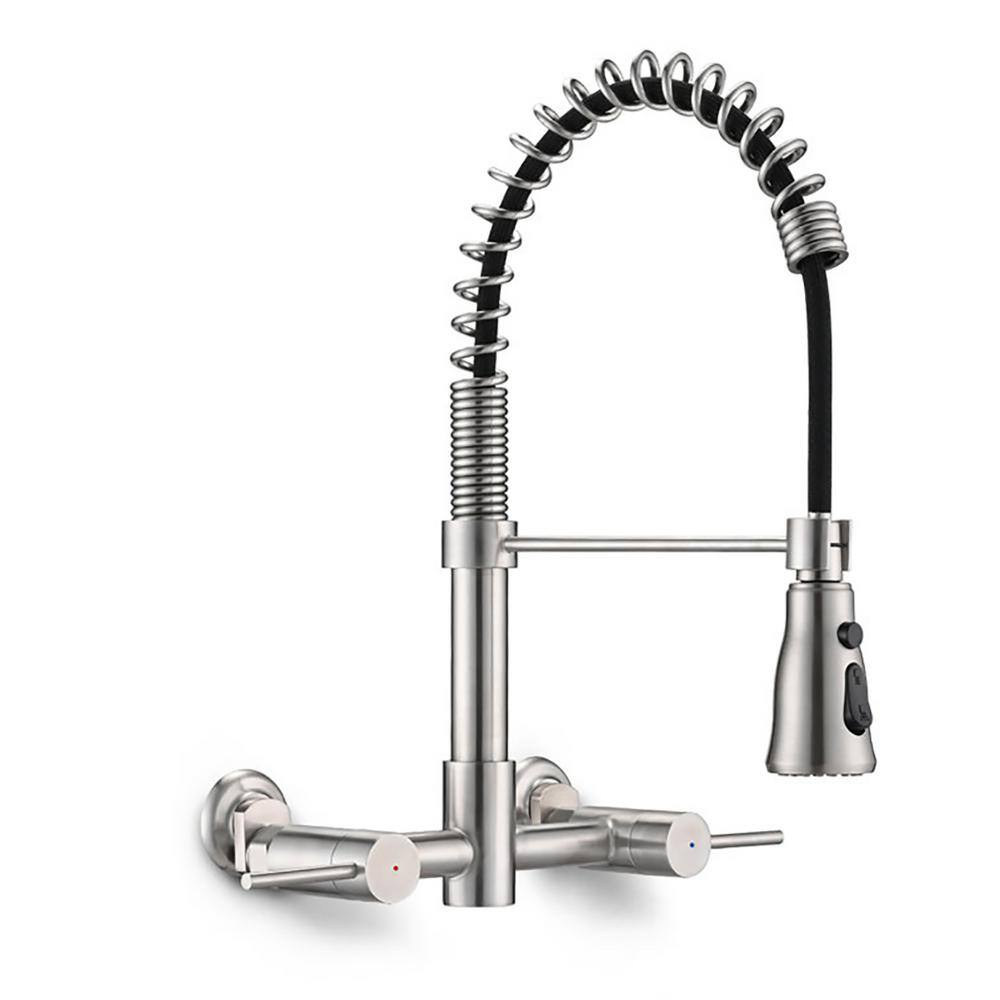 thumbnail image 2 of Wall Mount Kitchen Sink Faucet With Pull Down Sprayer – 8" Center, 304 Stainless Steel, 3 Spray Modes, Brushed Nickel 2 of 14