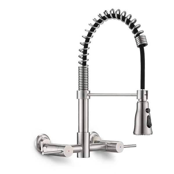 Double Handle Wall Mounted Bridge Kitchen Faucet with 3 Function Pull Down Sprayer Head in Brushed Nickel