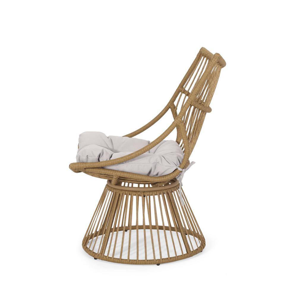 Set of 2 Beige Cushioned Light Brown Iron Wicker Lounge Chairs