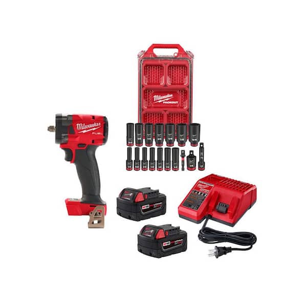 M18 FUEL 18V Lith-Ion Cordless 3/8 in Compact Impact Wrench w/Friction Ring, (2) Battery, Charger & Socket Set (17 PC)