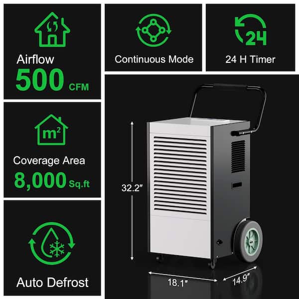 225 Pt. Commercial Dehumidifiers in Black with Handles and Wheels - White
