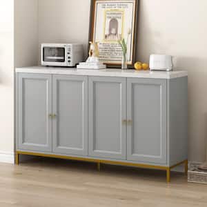 Light Gray Faux Marble 59.3 in. Sideboard with Adjustable Shelves, Circular Metal Handles, Gold Metal Legs, Cable Holes
