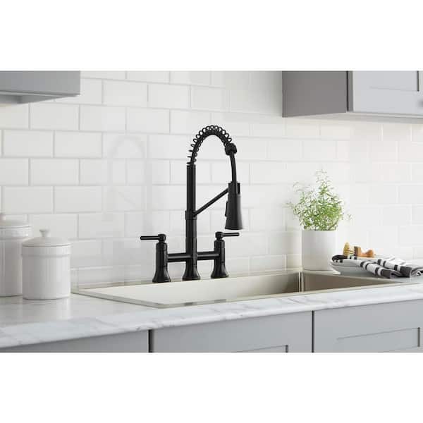 Pritchard Double-Handle Spring Neck Pull-Down Sprayer Bridge Kitchen Faucet in Matte Black