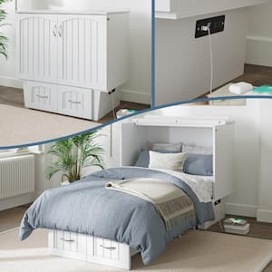 Marina White Solid Wood Frame Twin Murphy Bed Chest with Built-in Charging Station and Storage Drawer