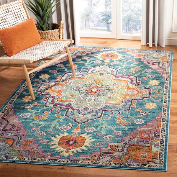 Crystal Teal/Rose 7 ft. x 7 ft. Square Border Distressed Area Rug