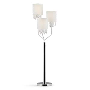 FLORENCE 68 in. Chrome Finish 3-Light Crystal Pendants Floor Lamp with White Shades