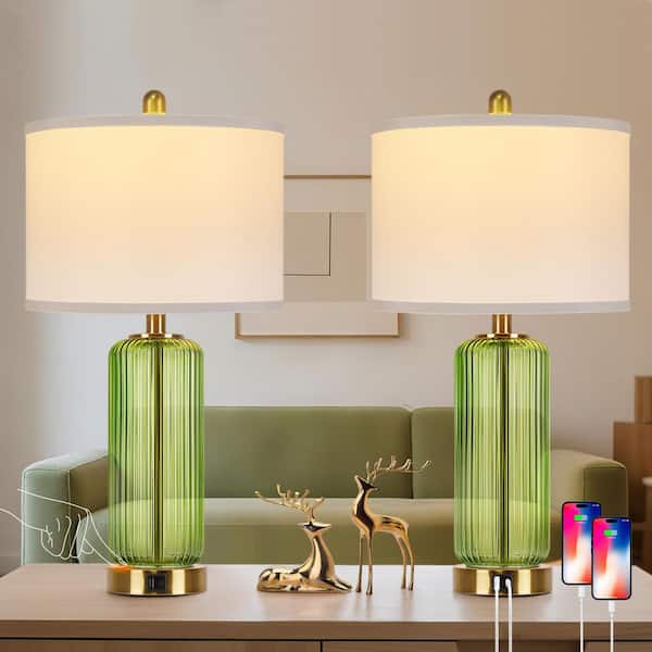 26'' Modern Green Glass Table Lamps Set of 2,3-Way Dimmable Bedside Lamps with USB A+C Ports& Touch Control for Bedroom