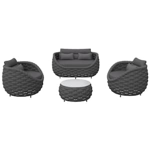 Bird's Nest 4-Piece Black Aluminum Hand-Woven Patio Conversation Sets Sectional Seating Set with Dark Gray Cushions