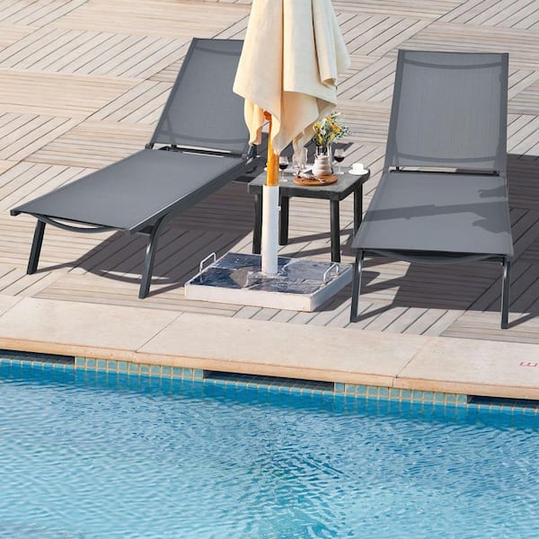 Grey Set of 2 Patio Chaise Lounge Chair Aluminum Adjustable Recliner with Wheels