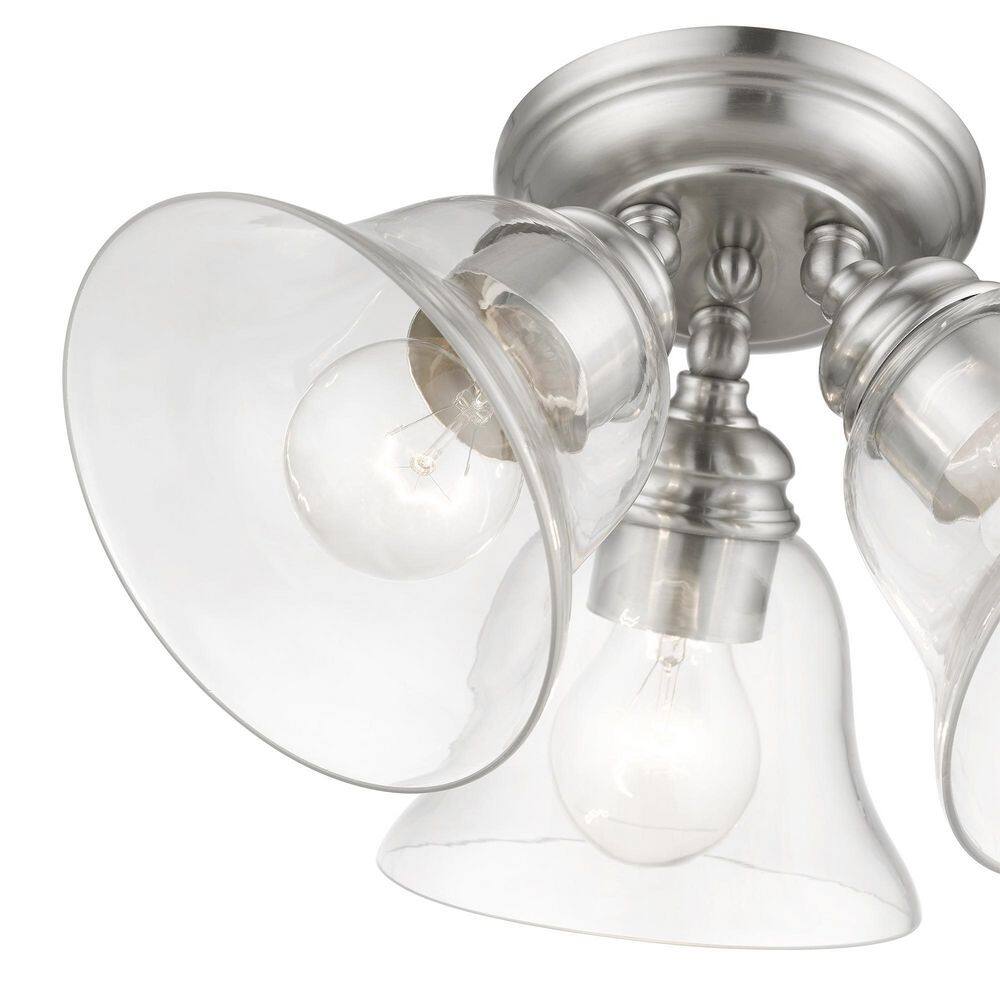 Transitional Brushed Nickel 3-Light Semi-Flush Mount with Clear Glass Shades
