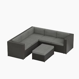 Kaison Coffee Wicker Frame Outdoor Patio 6-Seater L-Shaped Sectional Sofa Set with Gray Cushions, Coffee Table Ottoman
