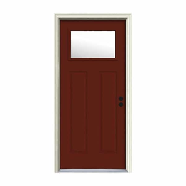 JELD-WEN 32 in. x 80 in. 1 Lite Craftsman Mesa Red Painted Steel Prehung Left-Hand Inswing Front Door w/Brickmould