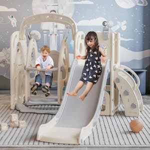 5.42 ft. Indoor Outdoor White&Gray 6 in 1 Astronaut Toddler Slide and Swing Set for Age 1-3, Kids Slide Climber Playset