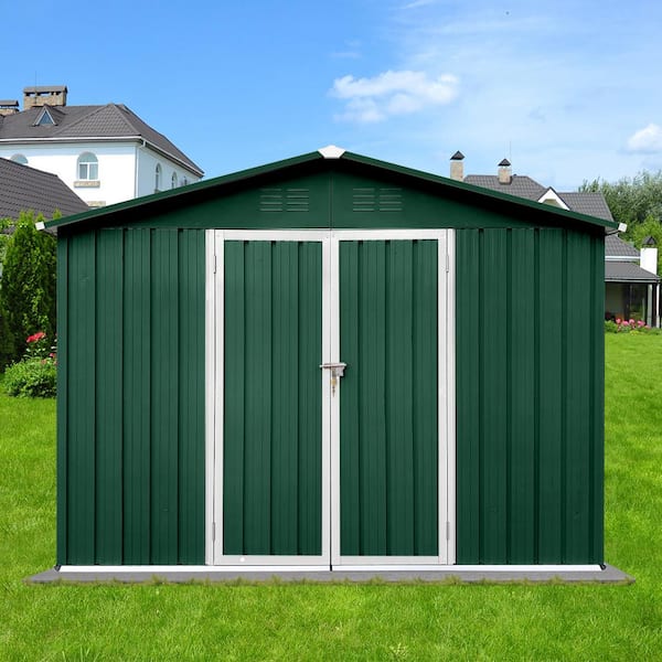 8 ft. x 10 ft. Outdoor Garden Metal Steel Waterproof Tool Shed Covers 80 sq. ft. with 2 Lockable Doors, Green Plus White