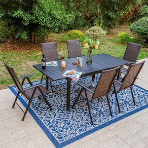 Black 7-Piece Metal Extendable Table Patio Outdoor Dining Set with Folding Reclining Rattan Chairs