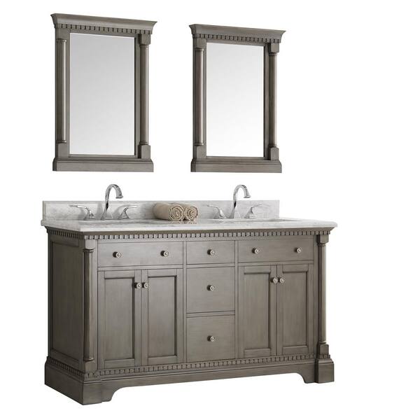 Fresca Kingston 60 in. Vanity in Antique Silver with Marble Vanity Top in Carrera White with White Ceramic Basins and Mirror