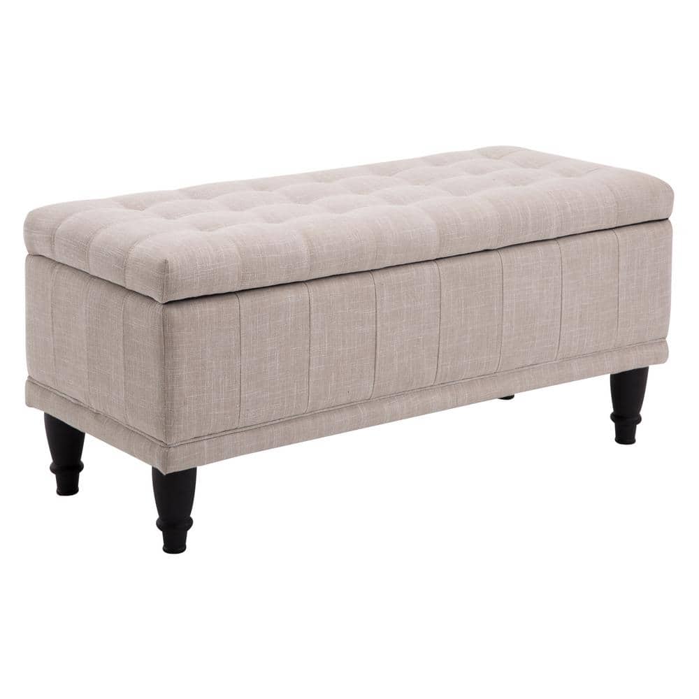 Beige Linen Tufted Storage Ottoman Bench with Hardwood Legs