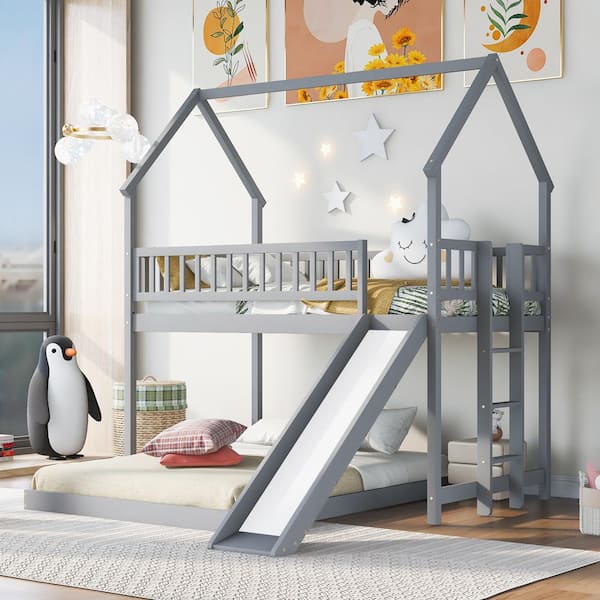 Polibi Gray Twin Over Full House Bunk Bed with Slide and Built-in Ladder, Full-Length Guardrail