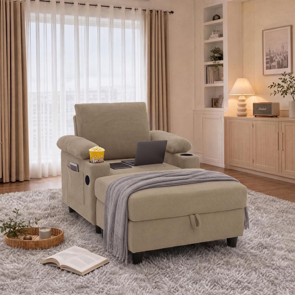 Modern Camel Upholstered Accent Arm Chair with Storage Ottoman, Reclining Backrest and Cup Holders