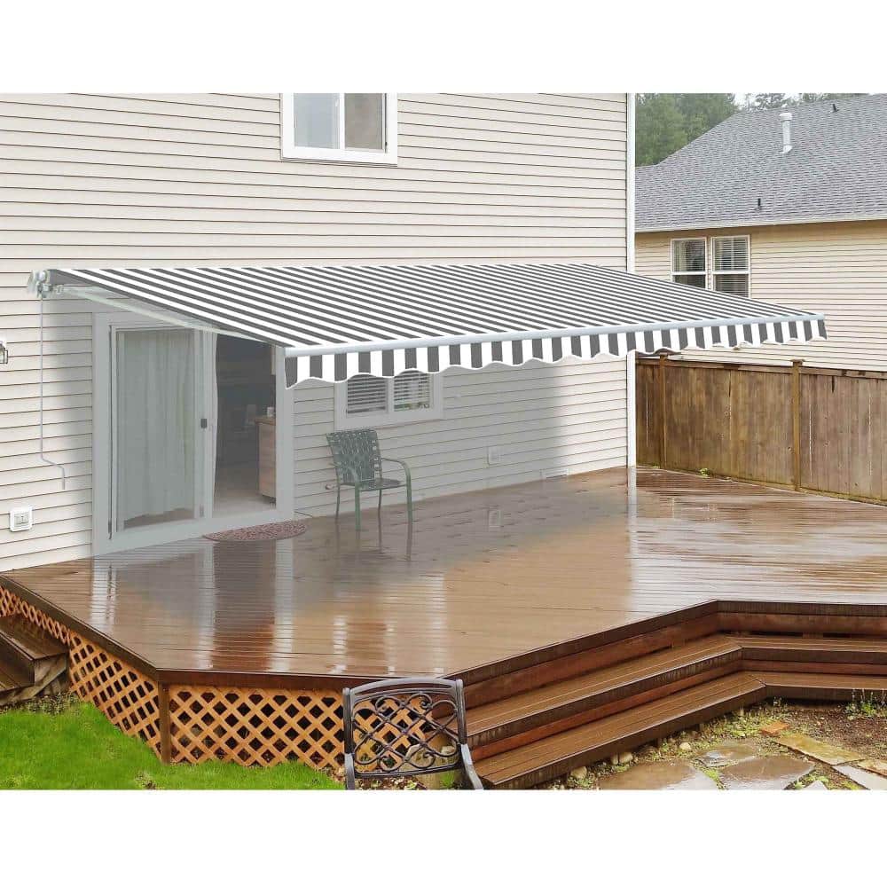 Gray and White Striped Motorized Retractable Patio Awning, 10' x 8'