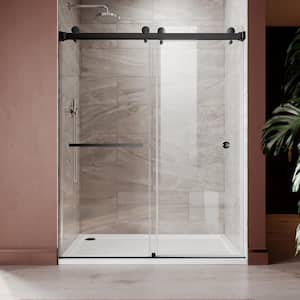 UKD01 50 to 55 in. W. x 80 in. H Double Sliding Frameless Shower Door in Matte Black, Enduro Shield 3/8 in. Clear Glass