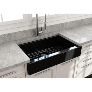 Nuova Pro 34 in. Short Apron Drop-In/Undermount Single Bowl Black Fireclay Kitchen Sink with Grid in. Strainer