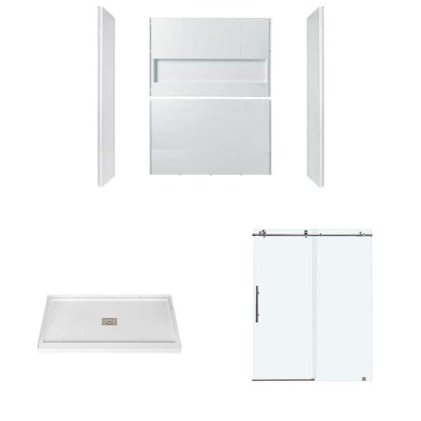 60 in. L x 32 in. W x 77 in. H Alcove Shower Stall/Kit with Wall and Center Drain Pan in White with Brushed Nickel