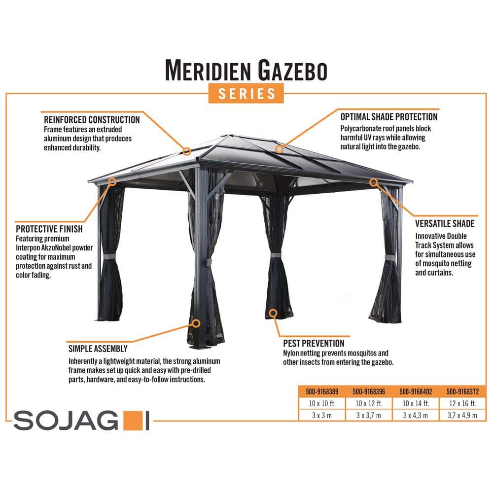 Meridien 12 ft x 16 ft Gray Aluminum Patio Gazebo with Polycarbonate Roof