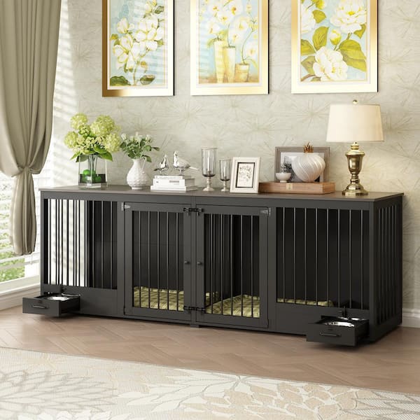 FUFU&GAGA Black Large Furniture Style Dog Crate with Dog Feeding Area, Large Dog Crate with Removable Irons for 2 Medium Dogs