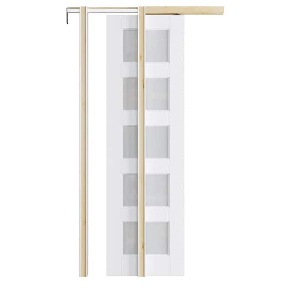 24 in. x 96 in. White Primed 5-Lite Frosted Glass Door Slab with Wood Pocket Door Frame and Hardware (Soft Close Incl)