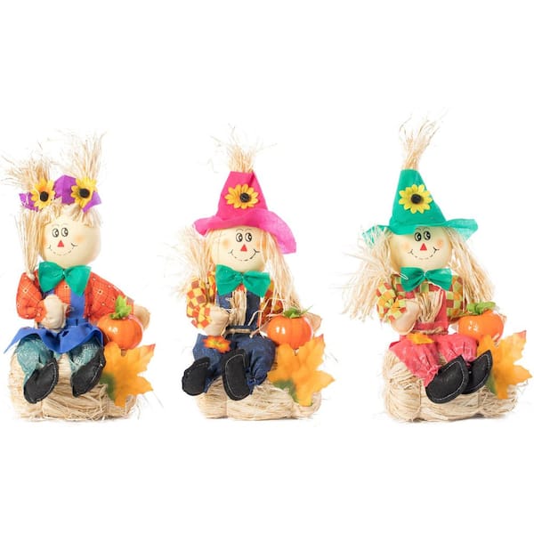 13 Inch Adorable Trio Yard Decor Featuring Outdoor Garden Scarecrows Relaxing Gracefully on Rustic Hay Bales