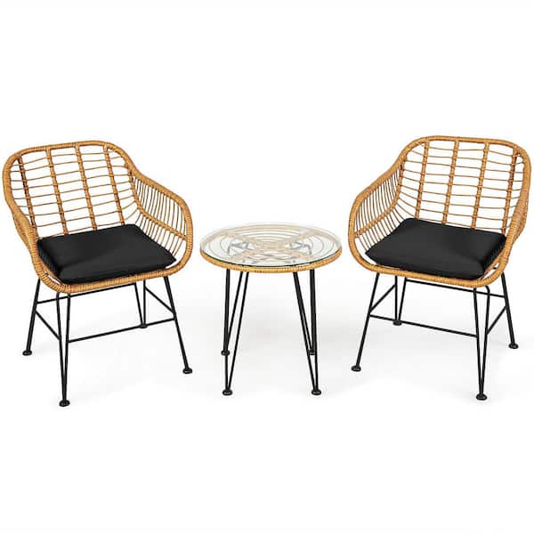SUNRINX 3-Piece Rattan Patio Conversation Set with Black Cushion