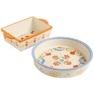 Tierra Hand Painted 2-Piece Assorted Colors 1.8 qt. Pie Dish and 1.6 qt. Bakeware Set