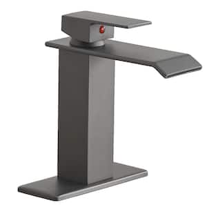 Waterfall Single Hole Single-Handle Low-Arc Bathroom Faucet With Supply Line in Matte Gray