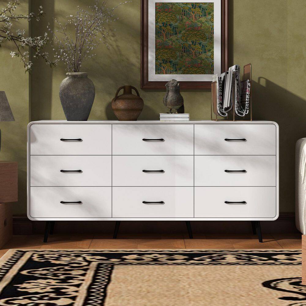 Pure White 9-Drawer 63 in. W Chest of Drawers, Rounded Wooden Storage Sideboard with Black Legs Height 5.9 in.
