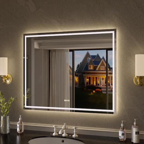 Flicker 42 in. W x 36 in. H Rectangular Frameless Anti-Fog LED Dimmable Wall Bathroom Vanity Mirror in Polished Crystal