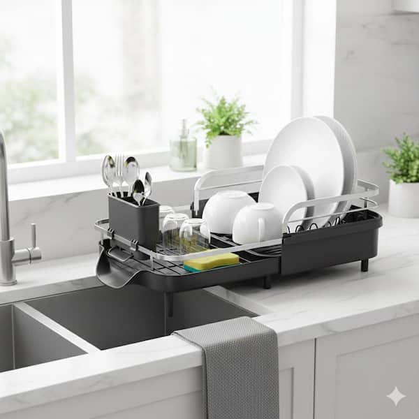 Black Expandable Stainless Steel Dish Rack with Drainboard, Utensil Holder, Space-Saving Adjustable Countertop