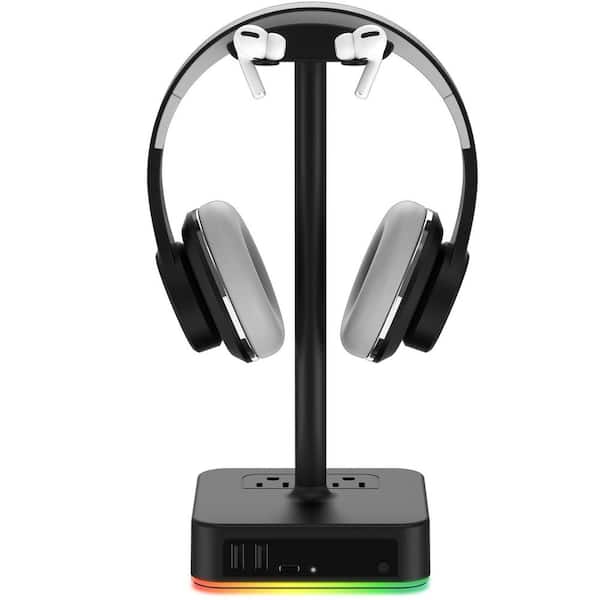 BIBIVIS Black RGB Headphone Stand, Desk Gaming Headset Holder Hanger Rack with 3 USB Charging Port and 2 Outlet