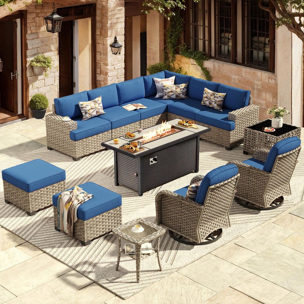 Eternity 13 Pieces Wicker Outdoor Patio Rectangular Fire Pit Set and Swivel Rocking Chairs with Navy Blue Cushions price history on PriceWatchPro