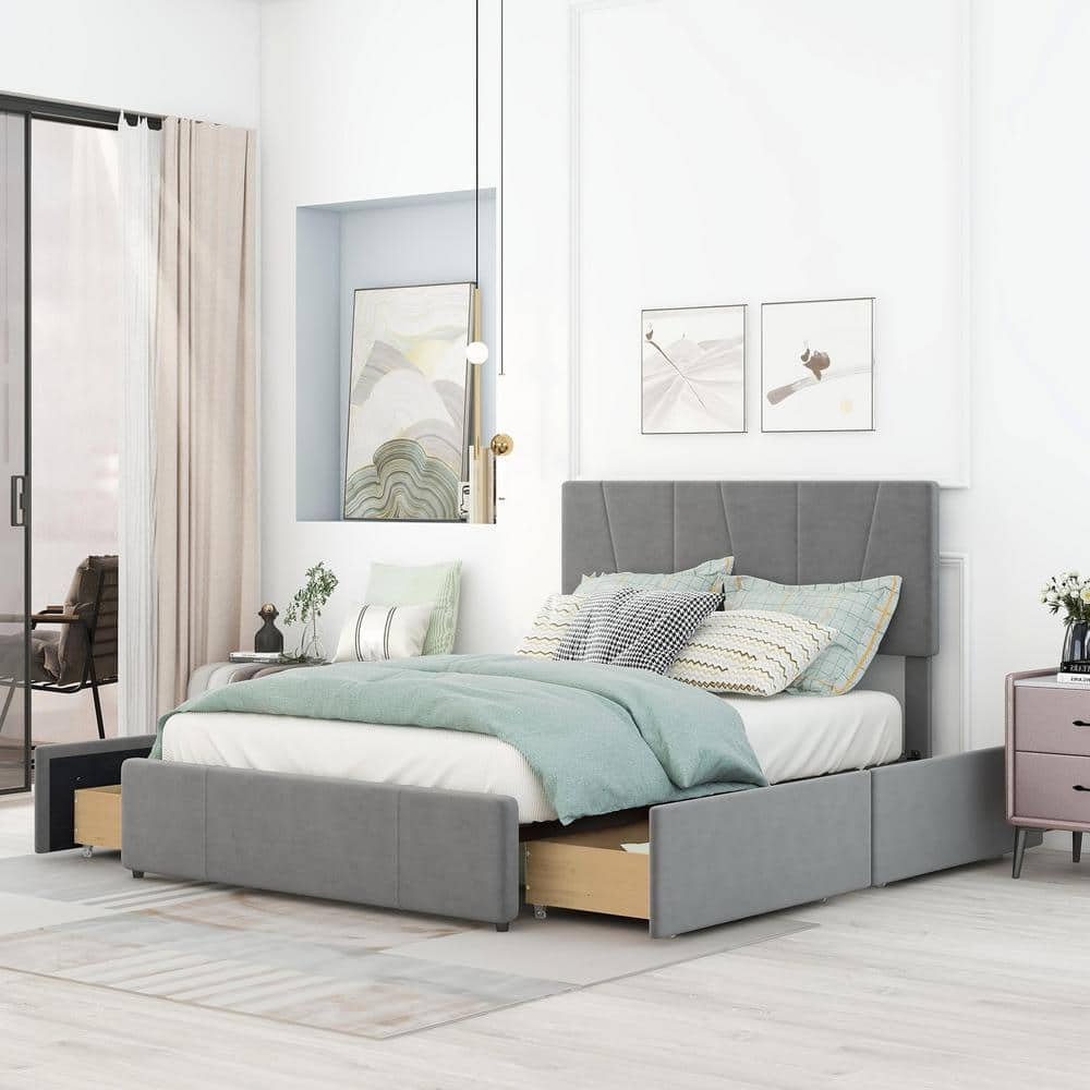 Qualler Gray Wood Frame Full Size Upholstery Platform Bed with Four ...