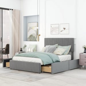 Gray Wood Frame Full Size Upholstery Platform Bed with Four Drawers