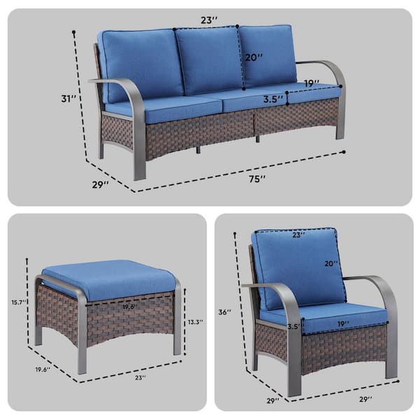 5-Piece Brown Wicker Patio Conversation Set with Blue Olefin Cushions and Lounge Chairs/Ottomans/Couch
