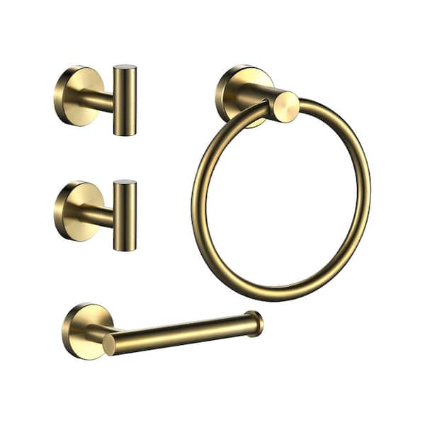 FORIOUS Bathroom Accessory Set With Robe Hooks, Towel Ring, Toilet Paper Holder in Gold 4-Piece
