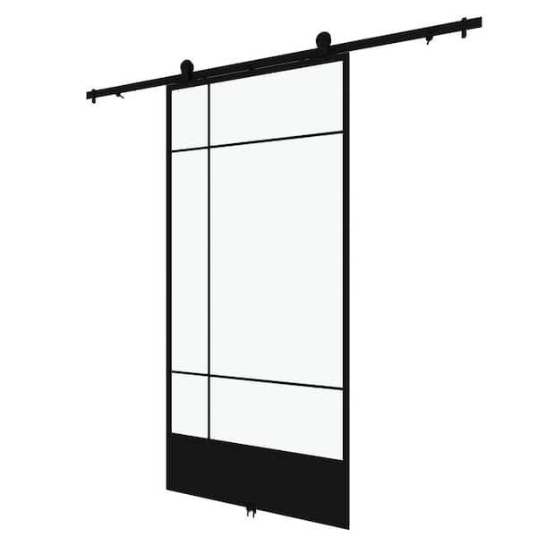 Bastille 37 in. x 84 in. 3/4 Lite Clear Glass Black Metal Finish Sliding Barn Door with Hardware Kit