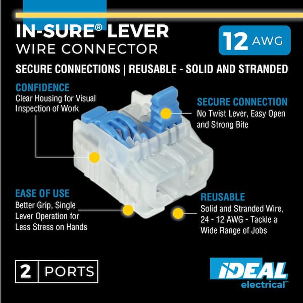In-Sure Lever Wire Connector, 12 AWG, 2-Port Jar of 500