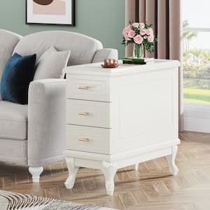 Andrea 11.81 in. White Narrow Rectangle Wood End Table with 3-Drawers, Modern Sofa Side Table Nightstand for Small Space