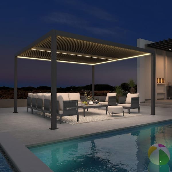 12 ft. x 14 ft. Gray Aluminum Frame Outdoor Louvered Pergola Gazebo with Adjustable Sunshade Roof and LED Strip Lights