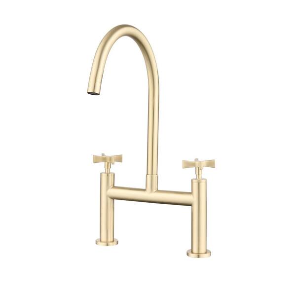Unbranded Double Handle Bridge Kitchen Faucet with Cross Handles Stainless Steel Sink Faucet in Brushed Gold