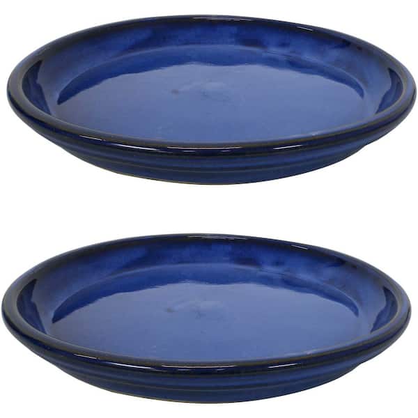 Sunnydaze 14.25 in. Imperial Blue Ceramic Planter Saucer (Set of 2)